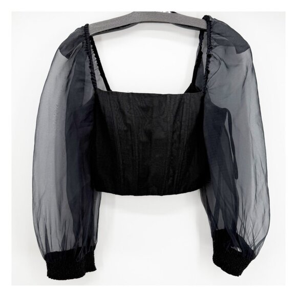 Alice + Olivia Tops - Alice + Olivia Corset Square Neckline 3/4" Sheer Sleeve Crop Top 2 black